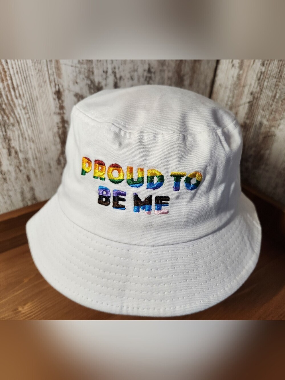 White Bucket Hat with Rainbow "Proud To Be Me" Embroidery Gay Pride Apparel 🌈